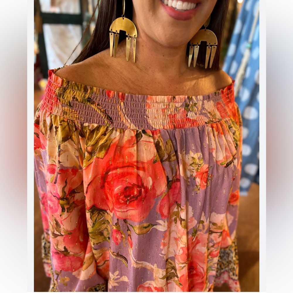 Aratta Rosaline Blouse Top Flowy Ruffle Off Shoulder Smocked Rose Floral Large - Picture 5 of 13